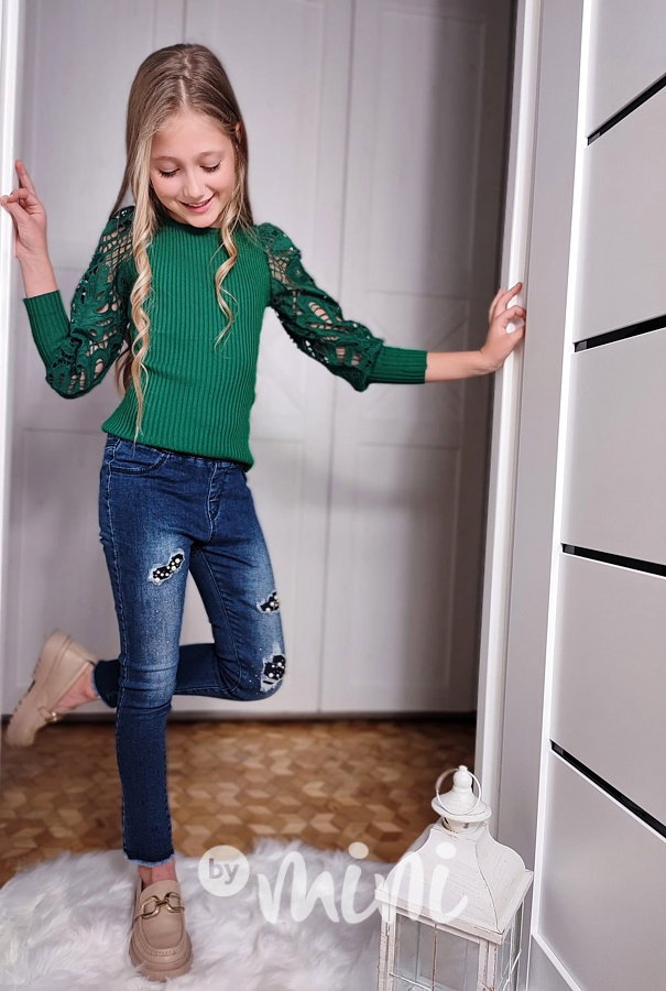 PREMIUM svetříková blůzka s krajkovými rukávy smaragd