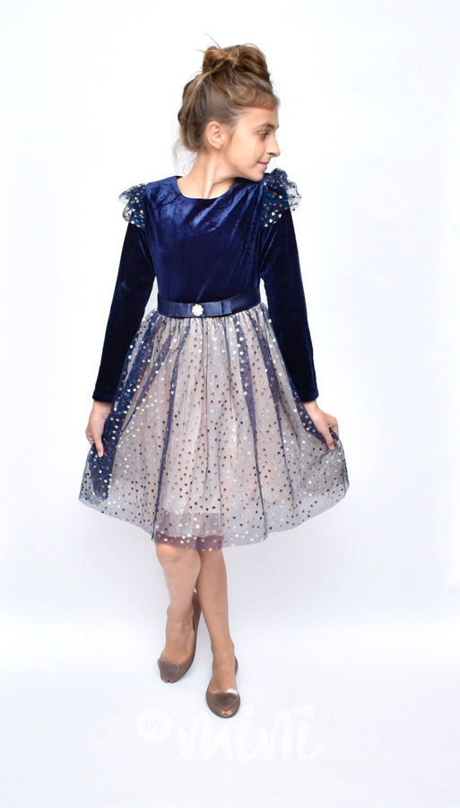 Velur sváteční šaty s hvězdičkami modré