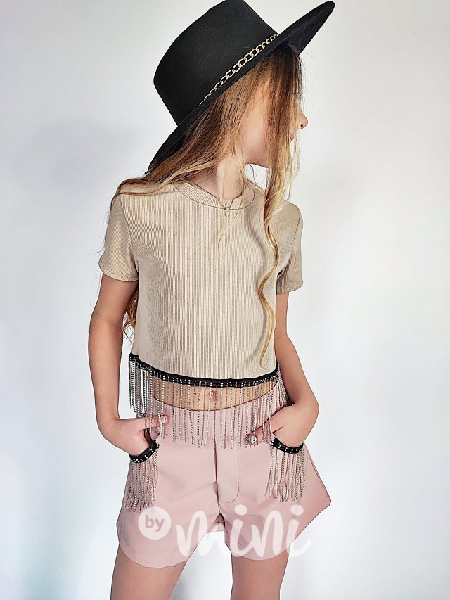 Fashion růžové kraťasy zdobené štrasem
