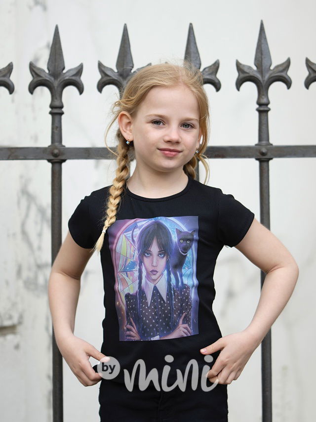 Wednesday žebrované triko cat černé