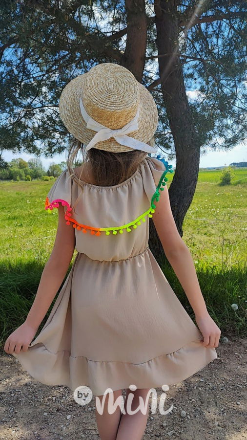 Boho beach dress pompon beige