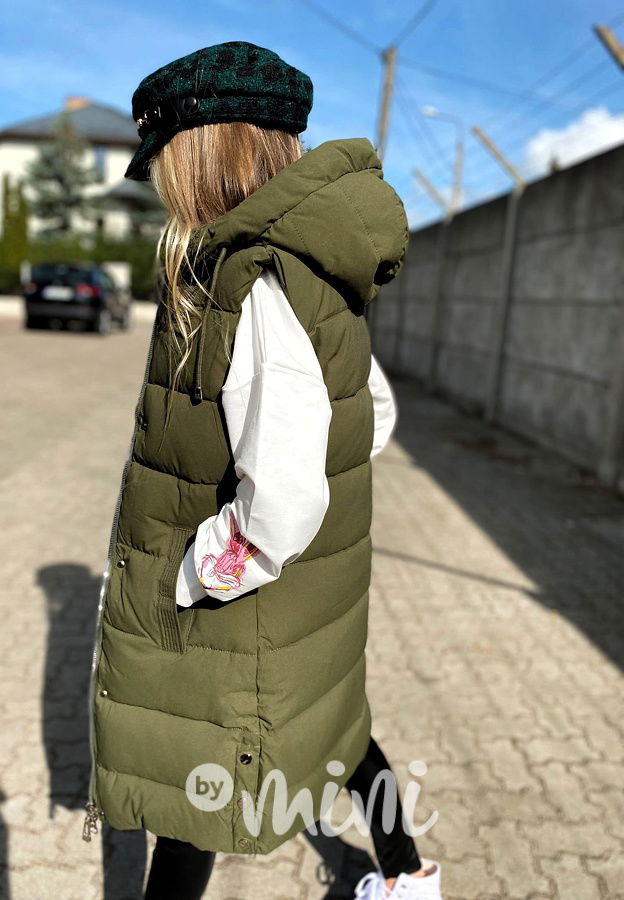 Long khaki vesta s kožíškem uvnitř