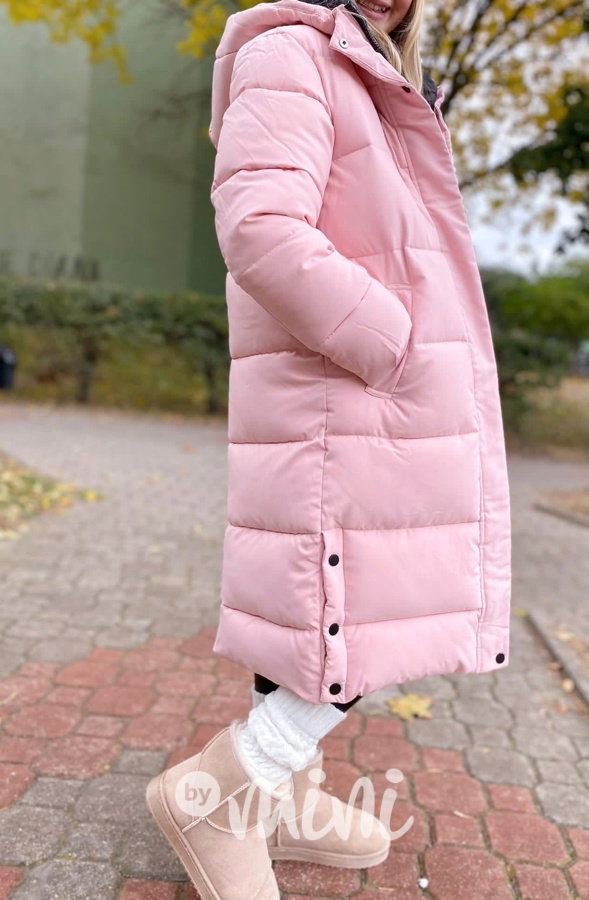 Ultra dlouhý zimní kabát růžový