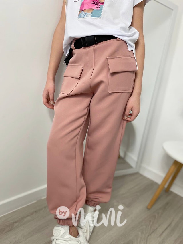 Cargo kalhoty s kapsami a páskem pink