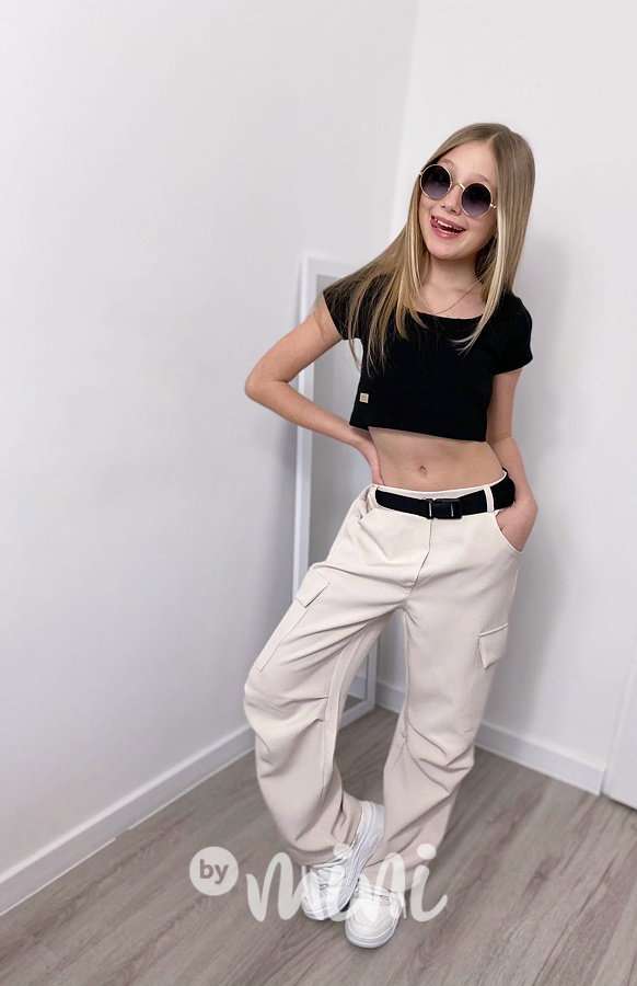 Jarní široké kapsáče s páskem light beige
