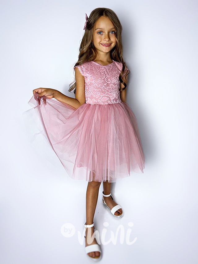 Summer princess krajkové šaty s maxi tylovou sukní pudder pink