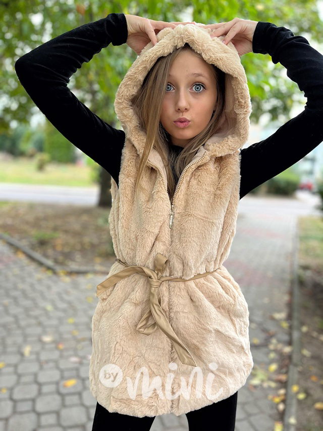 Chlupatá hoodie vesta s páskem beige