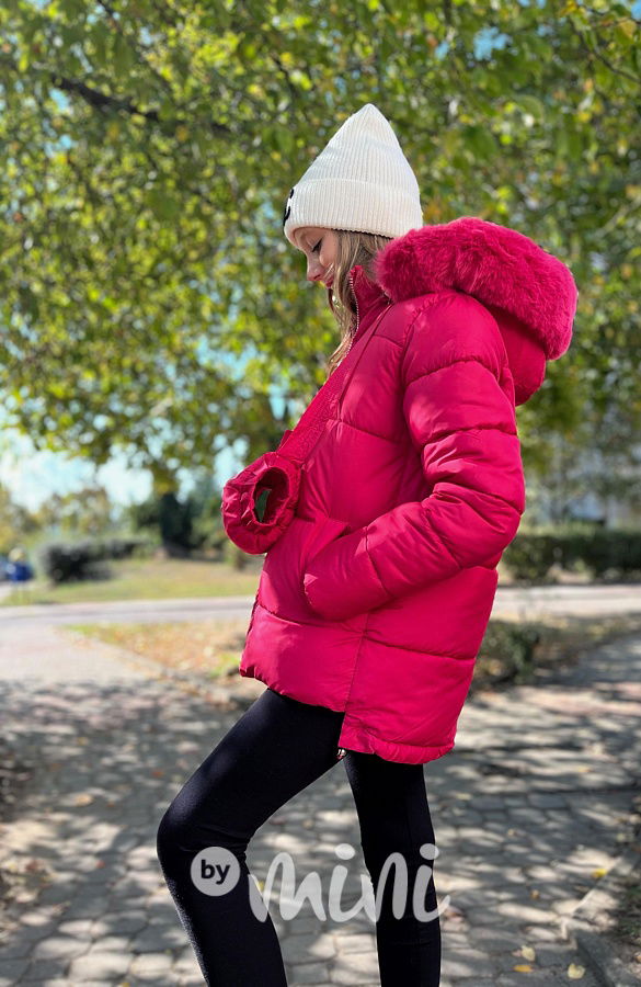 Zimní malinová bunda s kabelkou