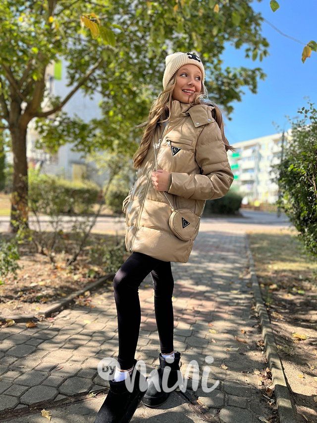 Eco leather zimní bunda s kabelkou béžová