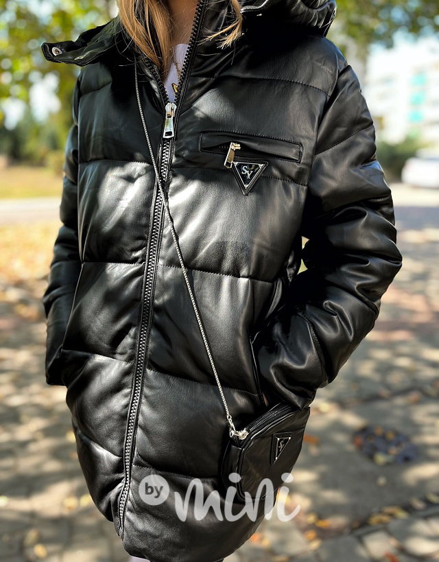 Eco leather zimní bunda s kabelkou černá