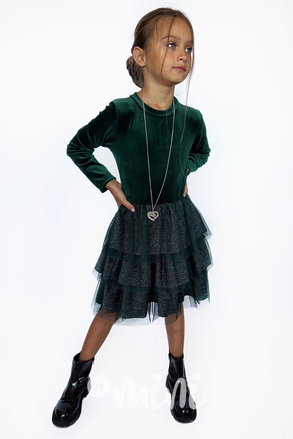Soft velur tylové šaty s řetízkem smaragd/black