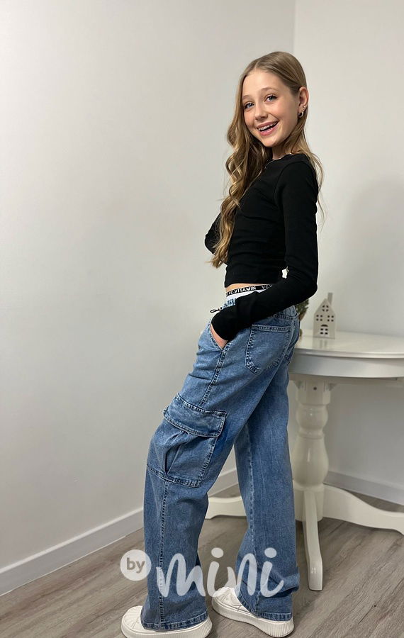 Široké denim kapsáče s elastickým pasem