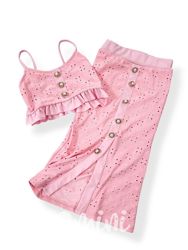 Růžový crop top + midi sukně PINK