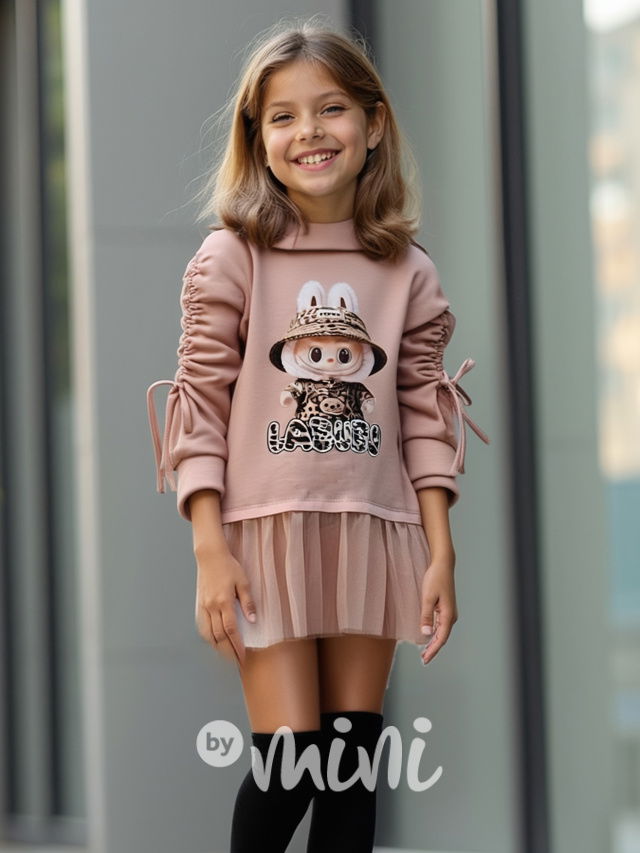 Labubu mikinová hoodie tunika s tylem pink