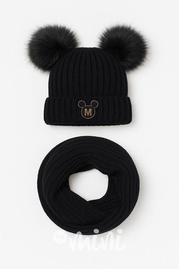 Zimní kulich s pompony + nákrčník BLACK
