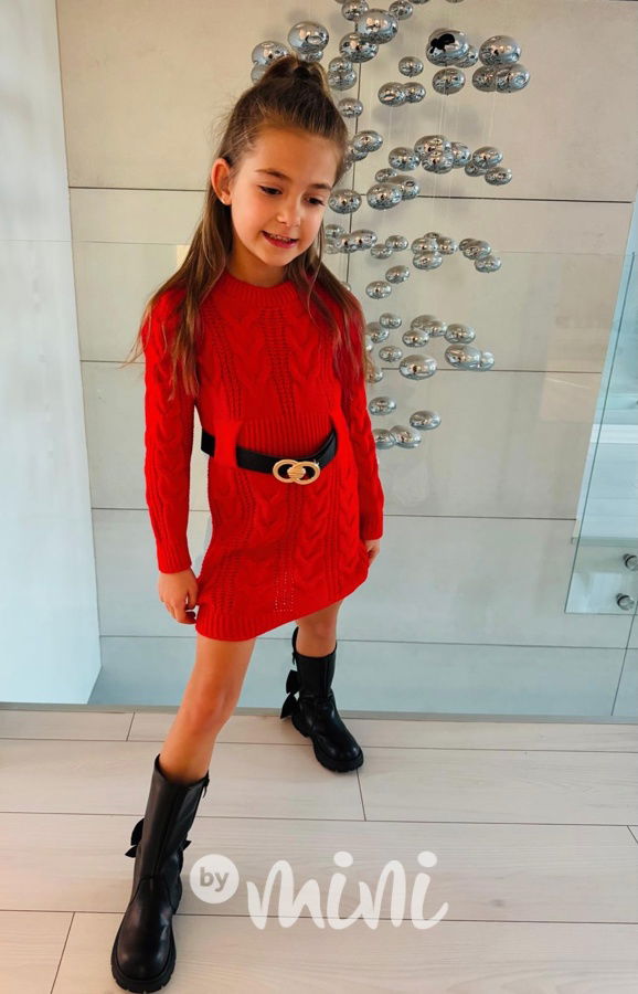 Svetrové šaty s páskem červené