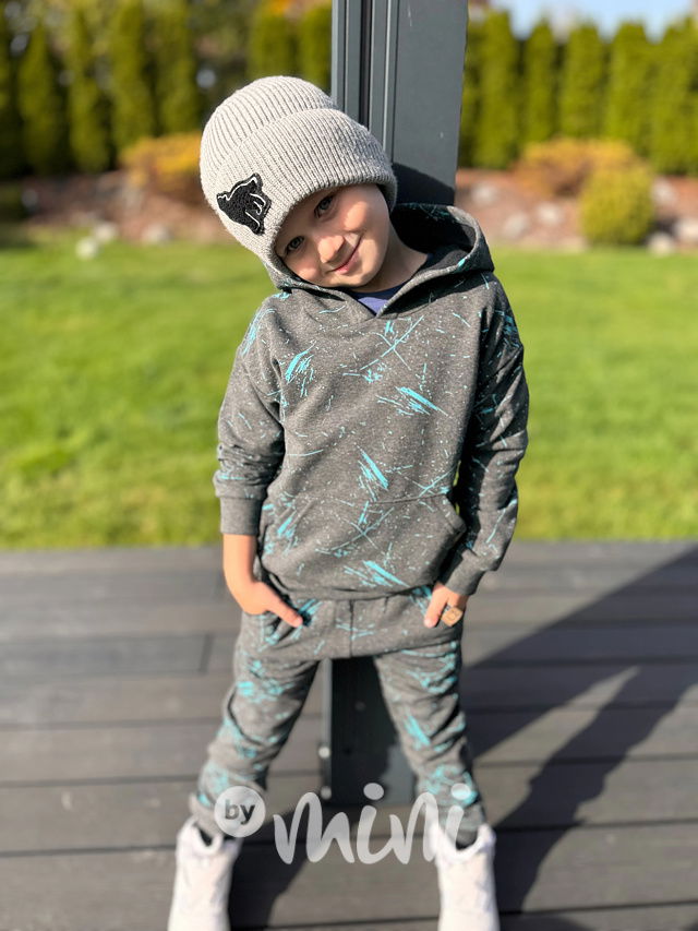 Zateplené šedé tepláky tyrkys splash