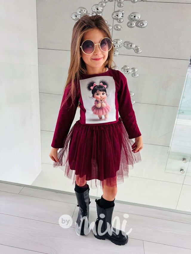 PREMIUM šaty s tylem baby doll bordo