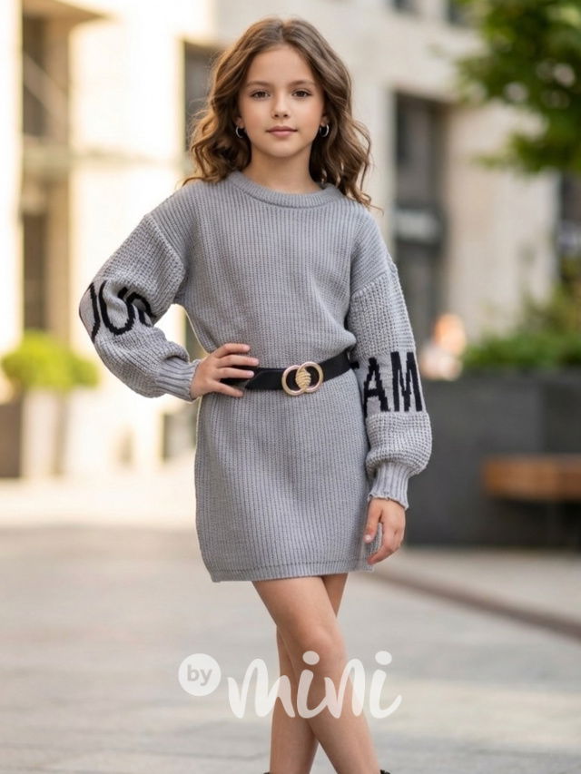 Svetrové šaty s balonovými rukávy a páskem GREY