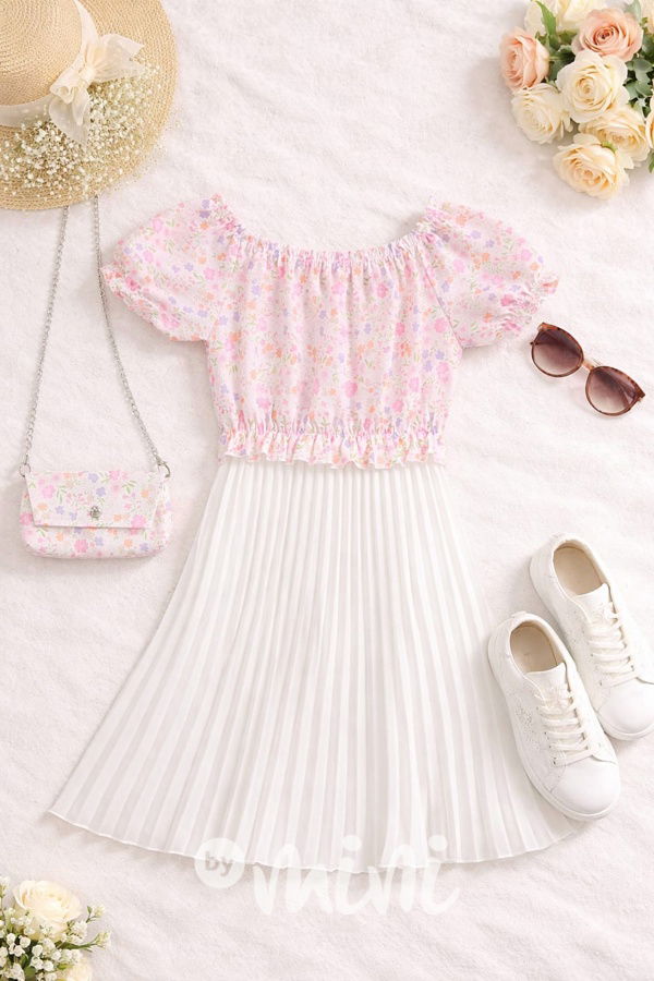 Květované šaty s plisovanou sukní + kabelka white