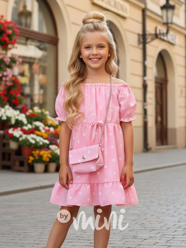 Letní puntíkaté šaty s kabelkou růžové