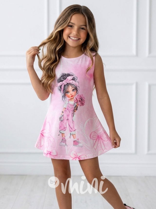 Romantické letní šaty s ilustrací růžové