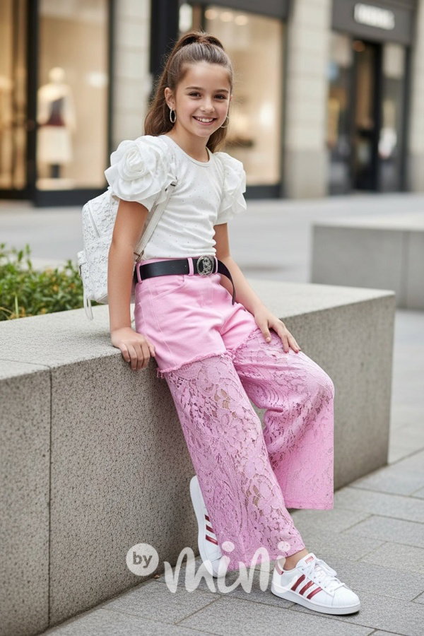 Glam lace džíny růžové + pásek