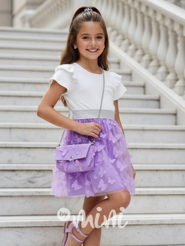 PREMIUM letní motýlkové šaty s kabelkou white/lila