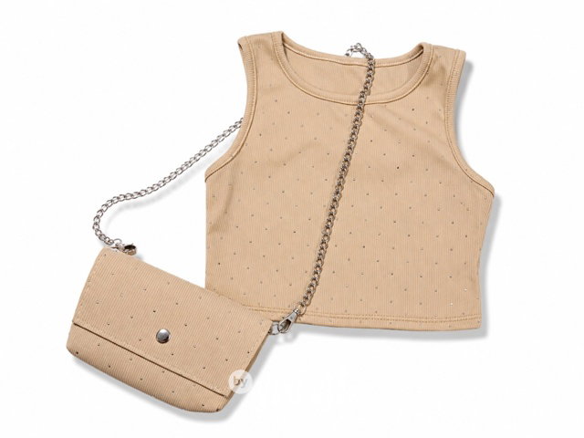 Crop top s kamínky + kabelka beige