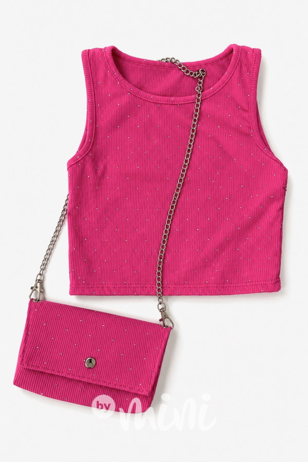 Crop top s kamínky + kabelka dark pink