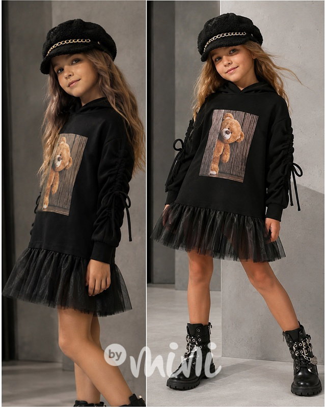 Teddy mikinová hoodie tunika s tylem černá