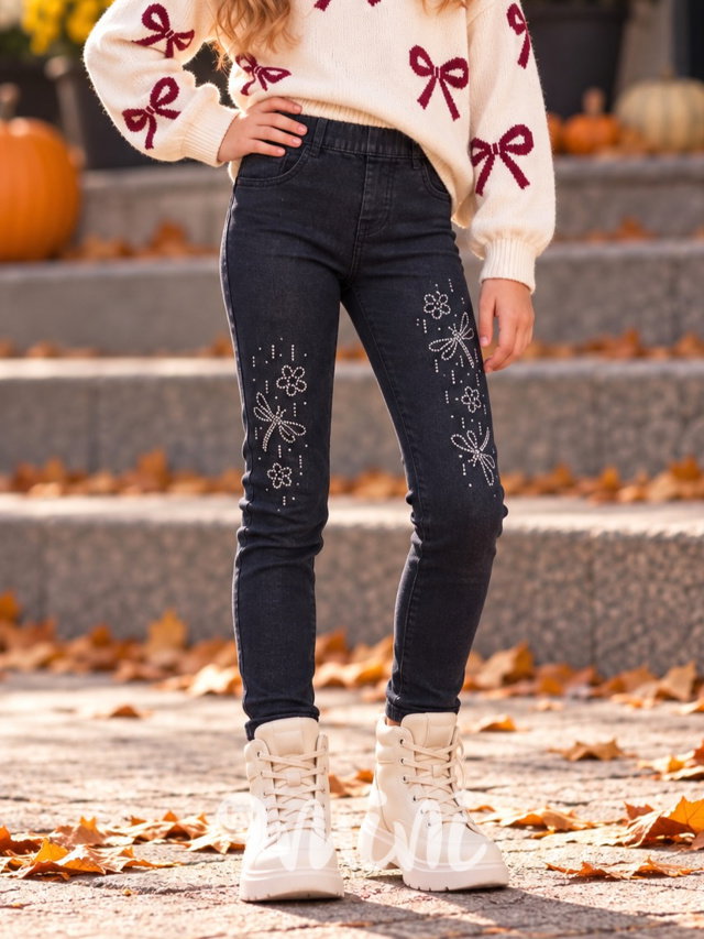 Zateplené slim denim jegginy s kamínky