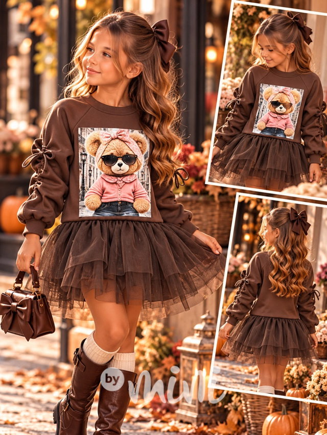 Podzimní mikinová tunika s tylem Miss teddy hnědá