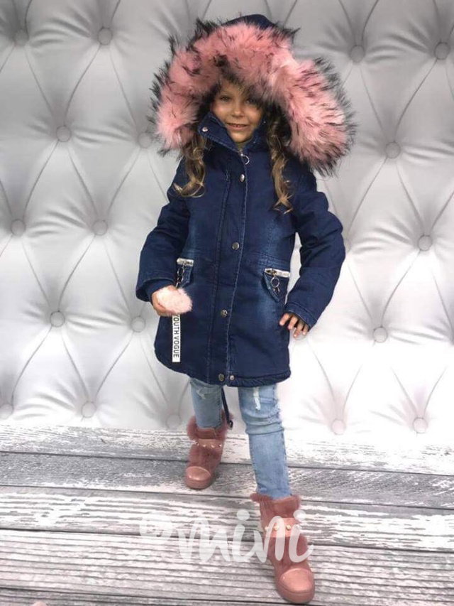 Zimní jeans parka s kožešinkou light pink