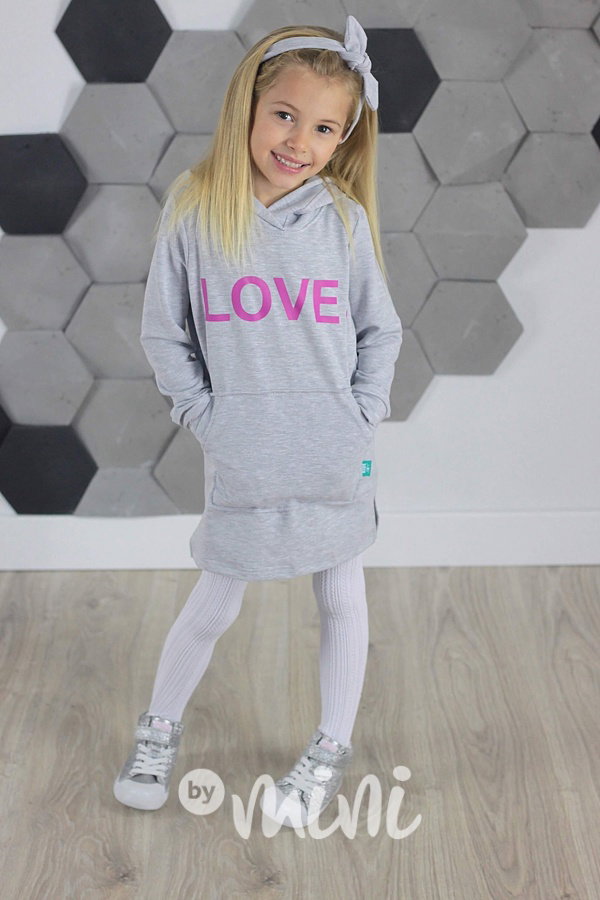 LOVE hoodie dress s kapucí šedá