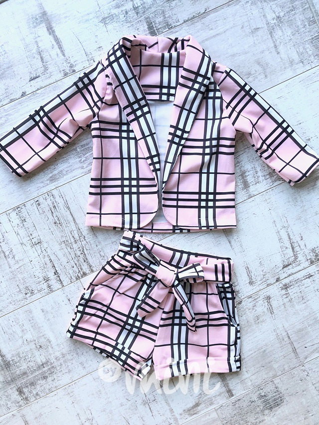 Dívčí pink karo elegant komplet sako + kraťasy
