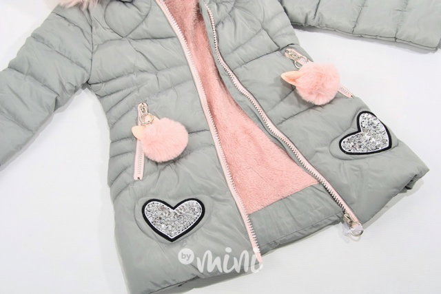 Šedý zimní kabátek Heart s růžovým chlupem