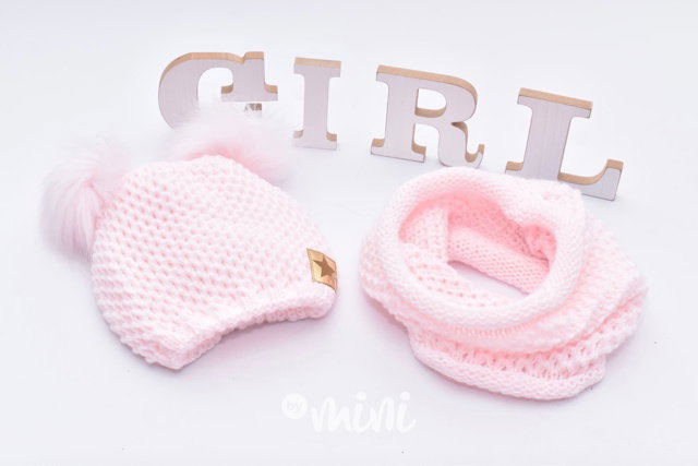 Pompon duo dívčí čepka s nákrčníkem - baby pink