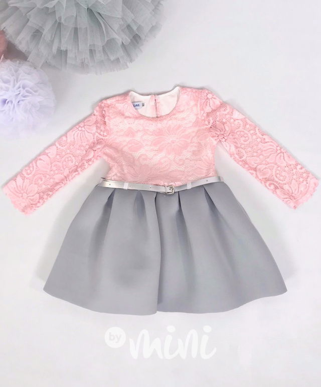 Luxusní dívčí šaty růžová a šedivá s krajkou a páskem