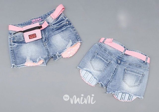 Fashion jeans kraťasy pink pásek