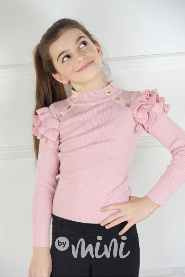 Stretch dívčí svetřík s volánky a knoflíky - pudrový