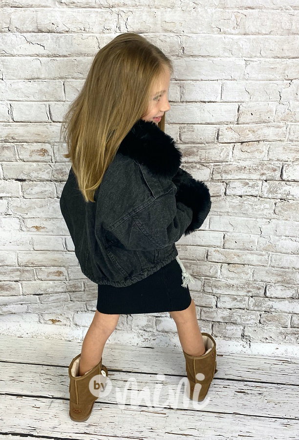 Oversize jeans bunda s kožíškem - černá