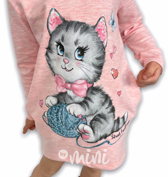 Cutie cat - mikinová tunika - růžový melír