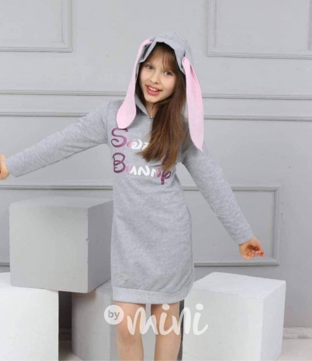 Sweet bunny hoodie tunika - šedá