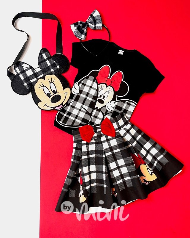 4-dílný Minnie dívčí set black - sukně, triko, kabelka, čelenka