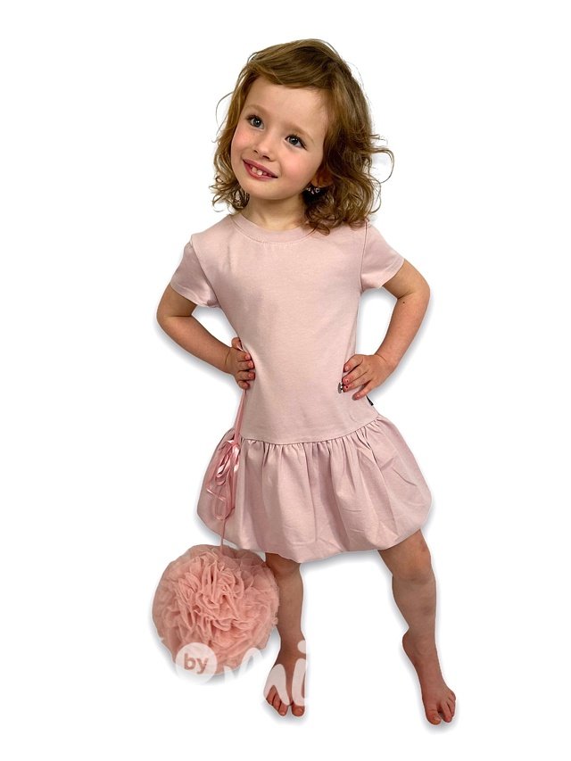 Pudder pink šaty s balonovou sukní - krátký rukáv