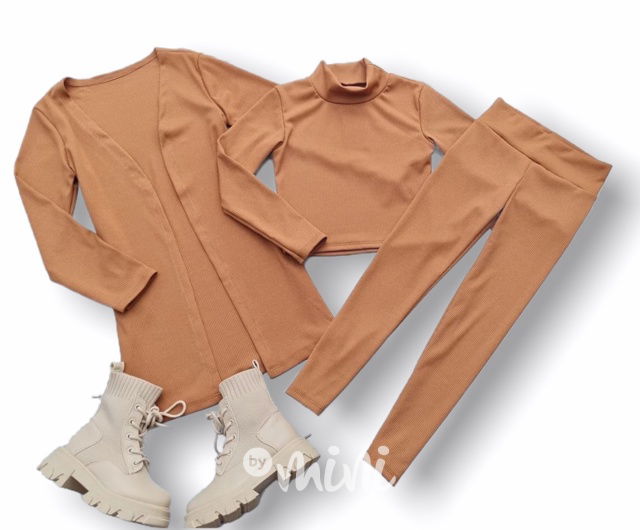 HIT 3-dílný žebrovaný set s kardiganem beige