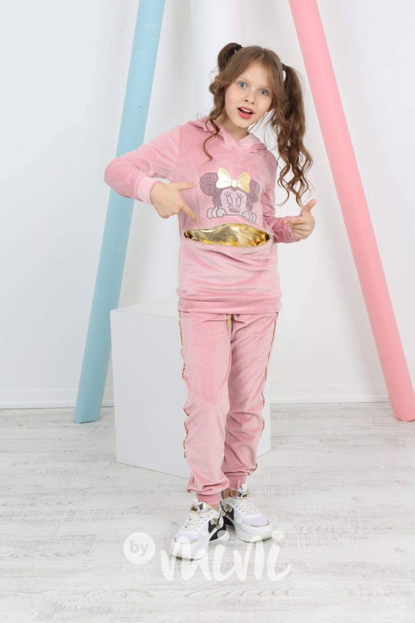 Minnie velur souprava s kapsičkou růžová