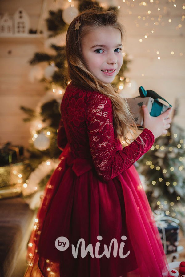 Princess krajkové šaty s maxi tylovou sukní bordo