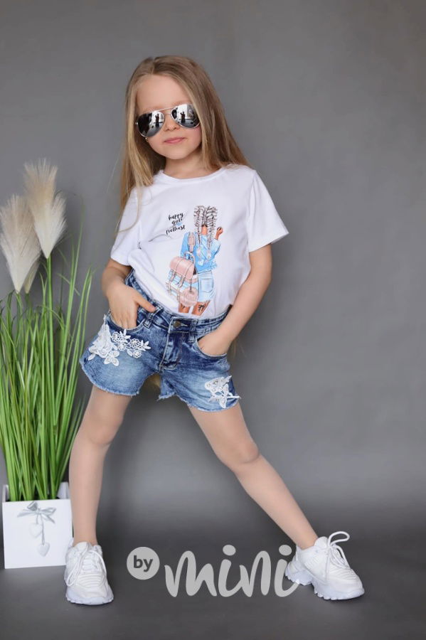 Blue jeans kraťasy flower s kamínky